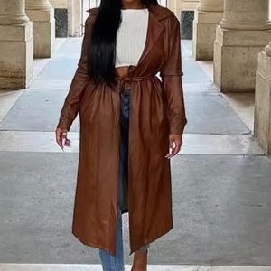 Women’s brown leather trench coat jacket